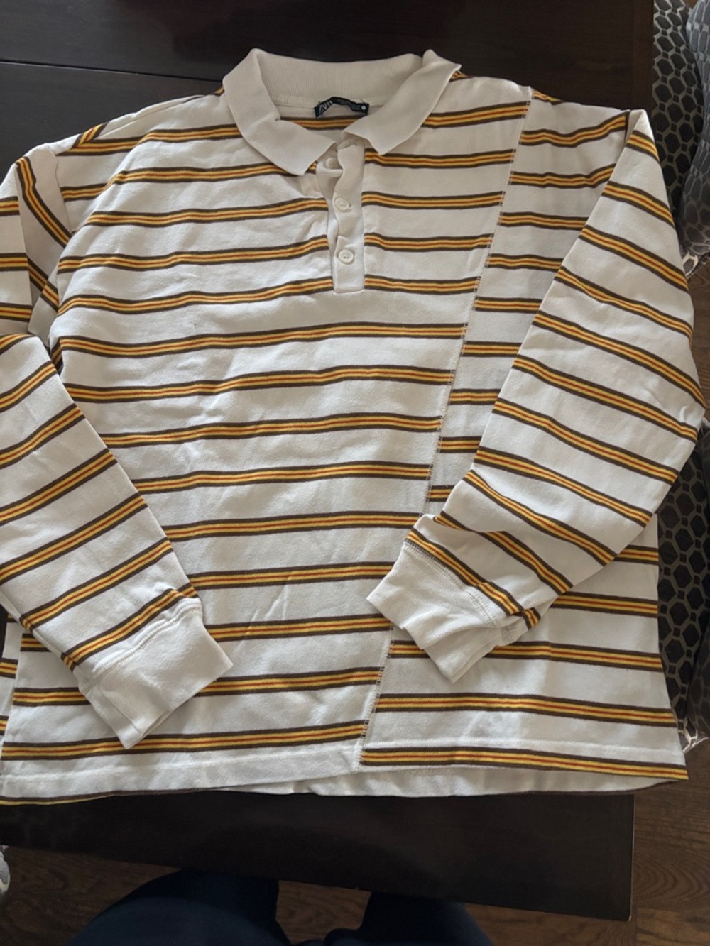 Women long-Sleeve Striped Polo Shirt - Cream with Mustard Stripes